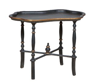 Oriental Carved Wood Ebonized Gilt Tray Table, early 20th c., the shaped top with gilt landscape decoration, on turned tapered cylindrical legs joined