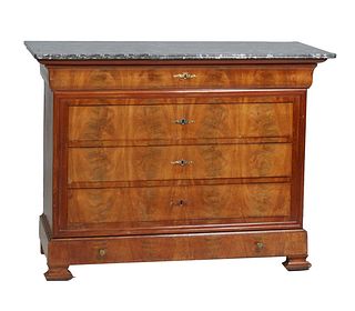 French Louis Philippe Carved Walnut Marble Top Commode, 19th c., the reeded edge rounded corner highly figured grey marble over a cavetto frieze drawe