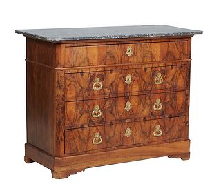 French Louis Philippe Carved Walnut Marble Top Commode, 19th c., the figured corner reeded edge gray marble over a cavetto frieze drawer and three dee