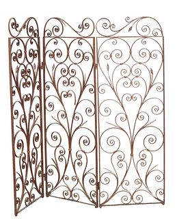Wrought Iron Three Panel Room Divider, 20th c., with scrolled decoration with applied leaves, H.- 66 3/4 in., Each Panel- W.- 23 3/4 in., Total W.- 72