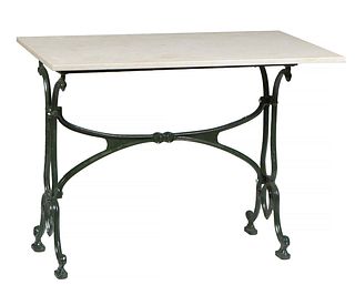 French Parisian Marble Top Iron Bistro Table, 20th c., the beige rectangular marble on iron trestle supports, joined by a curved X-form stretcher, H.-