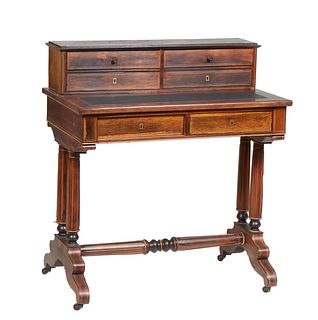 French Carved Inlaid Rosewood Writing Table, late 19th c., the four drawer fitted super structure on a base with black leather writing surface, over t