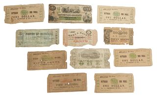 Group of Eleven New Orleans Obsolete Confederate Banknotes, consisting of a City of New Orleans $1 bill, 1862; one $2 example from Paterson Iron Works