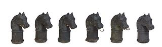 Group of Six Cast Iron Horse Head Hitching Post Tops, 20th c., three with rein rings, H.- 13 1/4 in.,W.- 5 in., D.- 8 3/4 in.