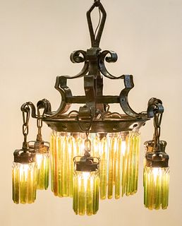 TIFFANY FAVRILE GLASS, ARTS AND CRAFTS PERIOD 6 ARM BRONZE CHANDELIER H 39"" DIA 29" 
