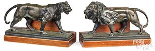 Pair of French bronze lion and tiger bookends