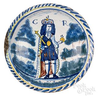 English Delftware King George blue dash charger