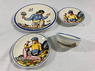 ROCKWELL KENT 4 Pieces SALAMINA Plate, Cup, Saucer,  Bowl, VERNON KILNS Pottery HAND-TINTED