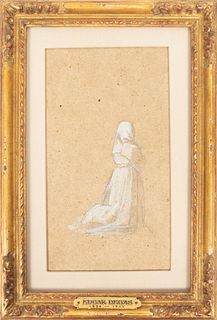 EDGAR DEGAS (FRENCH, 1834-1917), PENCIL AND GOUACHE ON BROWN PAPER, H 4.5", W 3" (IMAGE), STUDY OF A WOMAN PRAYING 