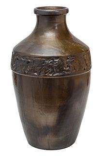 MARY CHASE PERRY, MONUMENTAL PEWABIC POTTERY CAST BROWN VASE WITH RELIEF, 1913,  H 23.5", DIA 13"