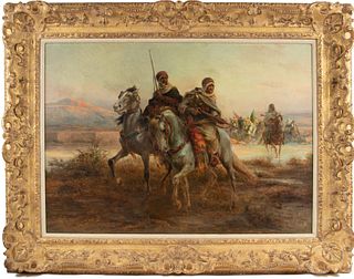 ATTRIBUTED TO GEORGES WASHINGTON (FRENCH, 1827-1910), OIL ON CANVAS, H 26", W 36", MOUNTED ARAB WARRIORS 