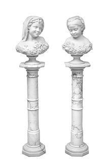 THOMAS BALL (AMERICAN, 1819-1911), CARVED CARRARA MARBLE BUSTS WITH PEDESTALS, C. 1868 AND 1873, TWO, H 19", W 13", LA PETITE PENSÉE AND SUNSHINE 