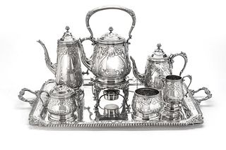 DURHAM (NEW YORK), STERLING SILVER COFFEE SERVICE, 7 PCS L 28" INCLUDING TRAY, 272 TR OZ 