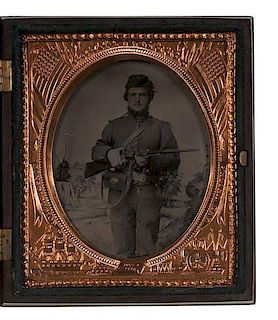 Civil War, Sixth Plate Tintype of Union Soldier Armed with Colt Model 1855 Revolving Carbine 