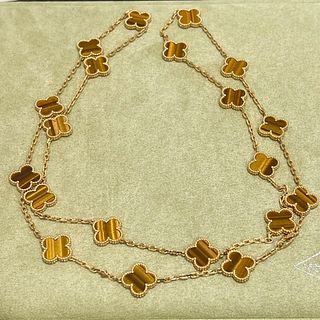 Van Cleef & Arpels 18k Yellow Gold Vintage Alhambra 20 Motifs Tiger Eye Necklace