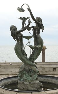 BRONZE MONUMENTAL SIZE WATER FOUNTAIN, H 84", W 37", MERMAIDS WITH CASCADING LILIES 