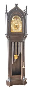 HERSCHEDE GOTHIC STYLE CARVED OAK GRANDFATHER CLOCK, C. 1900, H 94", W 26", D 16" 