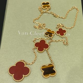 Van Cleef & Arpels  6 Motif Magic Alhambra 18k Yellow Gold Tiger Eye Carnelian Necklace