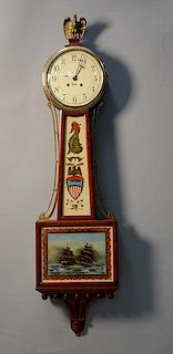 Chelsea banjo clock with reverse painted tablets of USS Constitution fighting the HMS Guerriere lower
