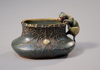 Amphora jewelled planter with figural puppy and spider web.