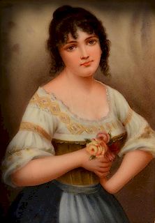 German hard paste porcelain plaque of young peasant girl holding flower