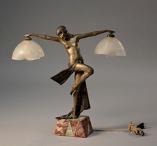 Claire Jean Roberte Colinet (Fr. 1880-1950) Art Deco bronze figural lamp with Daum Nancy shades
