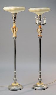 Two similar alabaster and metal eagle torchieres with ribbed glass shades