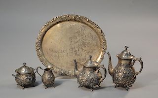 Five piece Continental .800 silver repousse tea and coffee set with matching tray