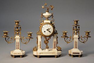 French 19th C. bronze and marble three piece clock set