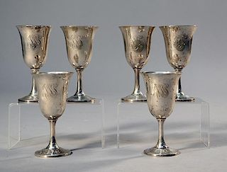 Six Wallace sterling water goblets, 33 ozs., 6.75" monogrammed