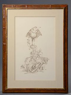 S. Washburn (Stan Washburn, American 1945-) pen and ink drawing of standing bull with birds