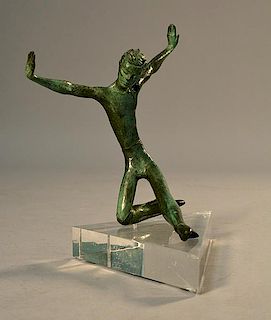 Mid-Century AM bronze of modernist dancing man, dark green patina, on Lucite base
