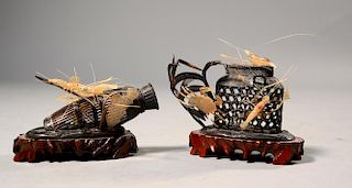 Pair of Japanese intricately carved fish traps with sea life