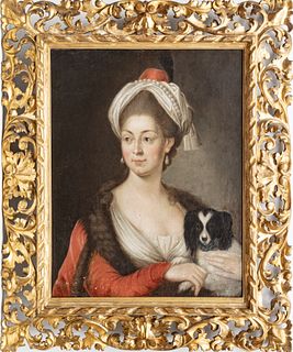 GERMAN OIL ON CANVAS, 19TH CENTURY, H 25.75" W 20" PORTRAIT OF A LADY WITH HER DOG 