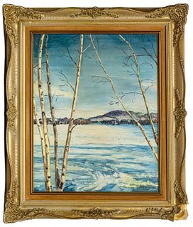EMILE ALBERT GRUPPE (USA 1896-78) OIL ON BOARD, H 20", W 16", WINTER SCENE OF MOUNT MONADNOCK VIEWED FROM THORNDIKE POND 