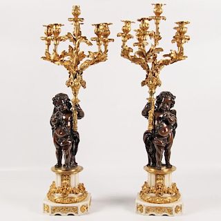 PAIR OF 36" BRONZE AND MARBLE 8 LIGHT CANDELABRA
