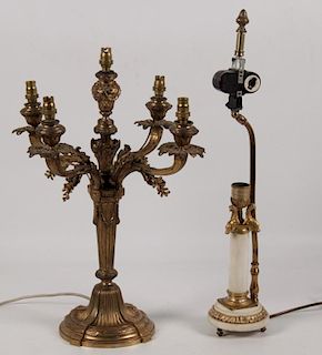 MARBLE CANDLESTICK AND BRONZE 5 LIGHT CANDELABRA