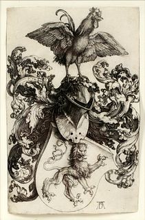 ALBRECHT DURER (GERMAN, 1471-1528), ENGRAVING ON PAPER, H 7 1/8", L 4 6/8", "COAT OF ARMS WITH A LION AND A COCK" 