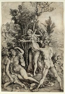 ALBRECHT DURER (GERMAN, 1471-1528), ETCHING ON LAID PAPER, H 12 3/4" W 8 3/4" "HERCULES AT THE CROSSROADS" 
