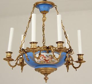 FRENCH SEVRES AND GILT BRONZE 6 LIGHT CHANDELIER
