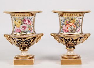 PAIR OF ENGLISH PORCELAIN COBALT AND GOLD URNS
