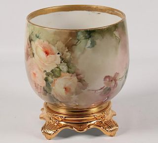 12" FRENCH FLORAL PAINTED LIMOGES JARDINIERE
