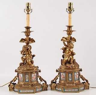 PAIR OF FRENCH GILT BRONZE AND SEVRES CANDLESTICKS