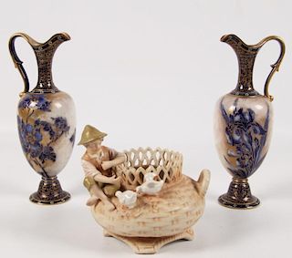 3 PIECE LOT PORCELAIN; PAIR OF URNS AND VASE