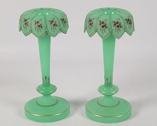 PAIR OF GREEN BOHEMIAN GLASS PRISM LUSTERS