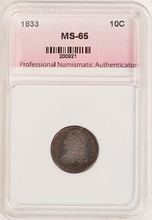 1833 CAPPED BUST 10C CERTIFIED & GRADED MS-65 LIBERTY COIN, UNCIRCULATED (1) H 6" W 3" 