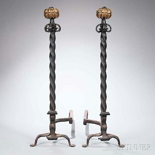 Pair of Tall Brass and Wrought Iron Andirons