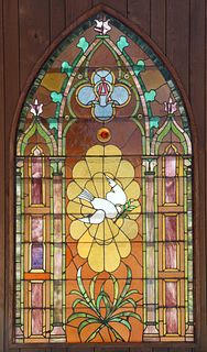 STAINED & SLAG LEADED GLASS WINDOW, C. 1920, H 7' 1", L 3' 11"