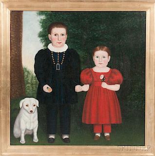 Ruth Whittier Shute (New Hampshire, 1803-1882)      Portrait of a Brother and Sister with Their Dog