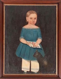 American School, 19th Century      Portrait of a Child in a Blue Dress with a Black Cat